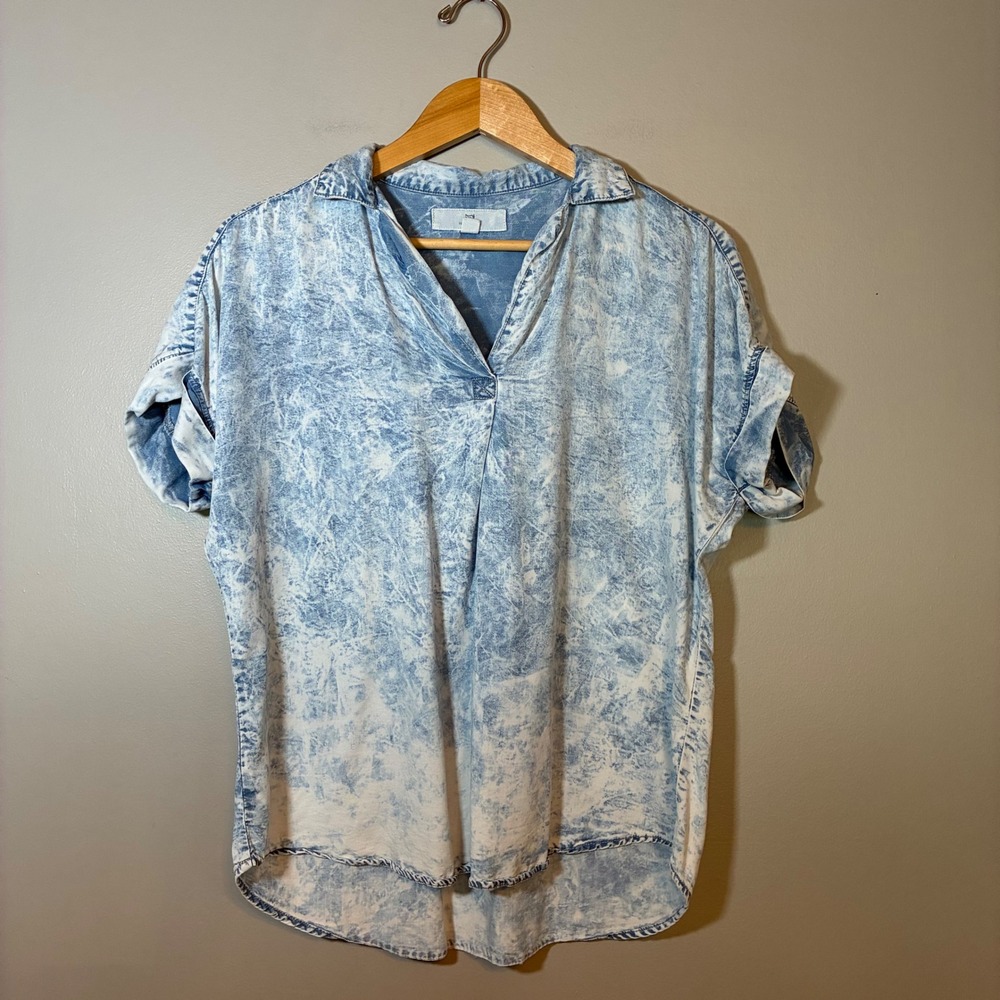 Thread & Supply Acid Wash Tencel Lyocell V-Neck Tunic Top Blue Small T2241TCTJ